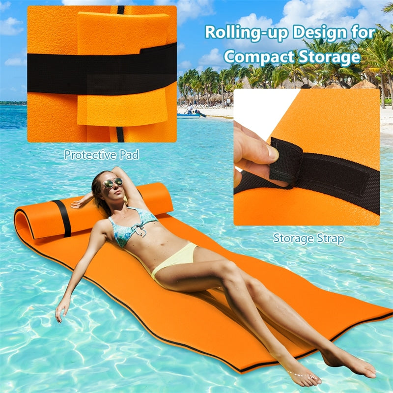 Floating Water Pad 3-Layer Tear Resistant XPE Foam Water Mat 87" x 36" Foam Pool Float with Rolling Pillow Design for Lake Water Activities