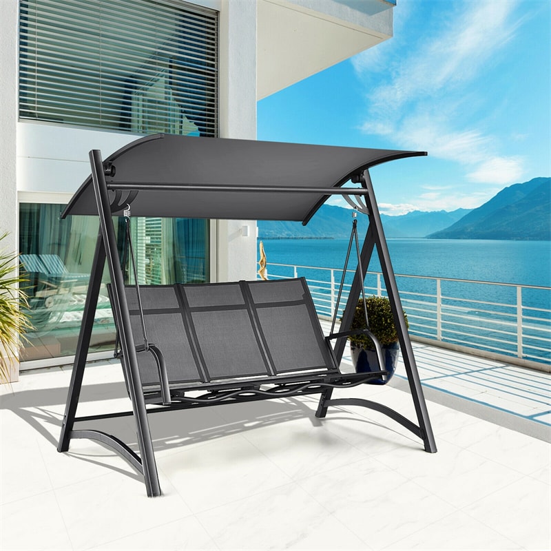 3 Person Aluminum Porch Swing Outdoor Patio Swing Chair with Adjustable Canopy