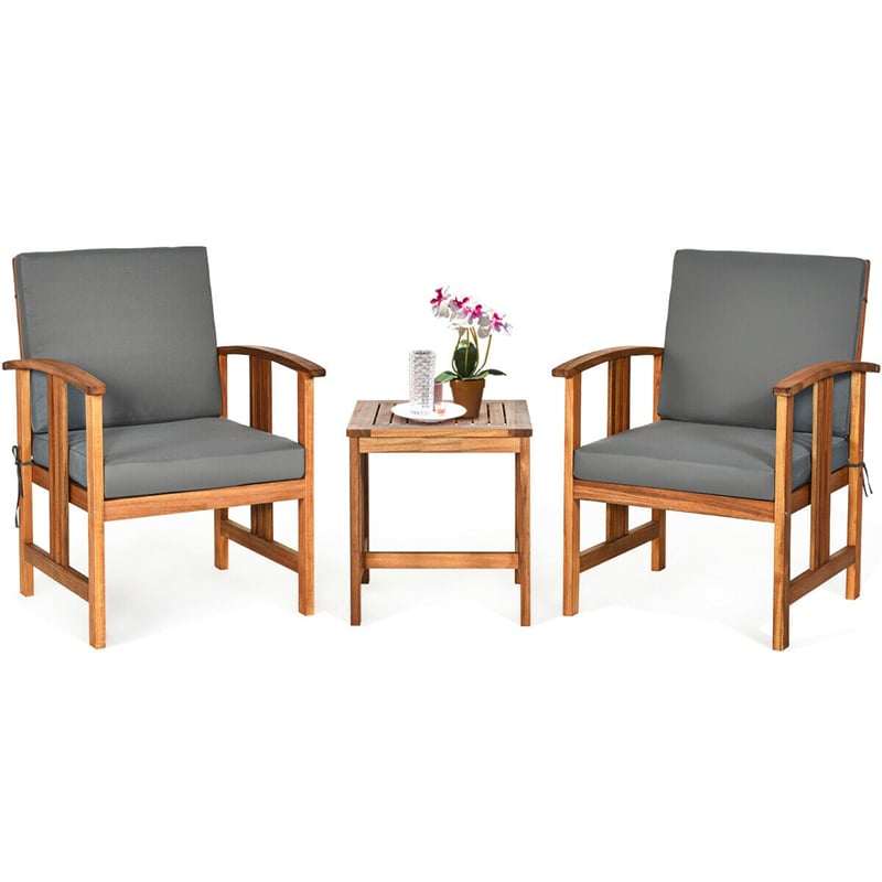 3 Piece Acacia Wood Patio Furniture Set with Cushioned Chairs & Coffee Table, Solid Wood Outdoor Bistro Set for Garden Backyard Deck