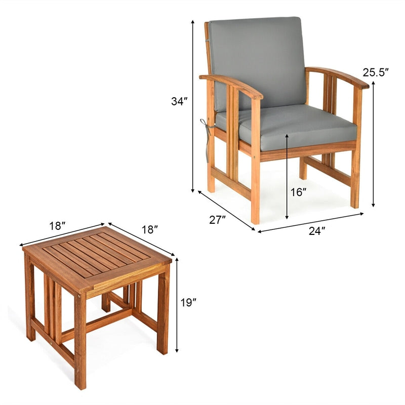 3 Piece Acacia Wood Patio Furniture Set with Cushioned Chairs & Coffee Table, Solid Wood Outdoor Bistro Set for Garden Backyard Deck