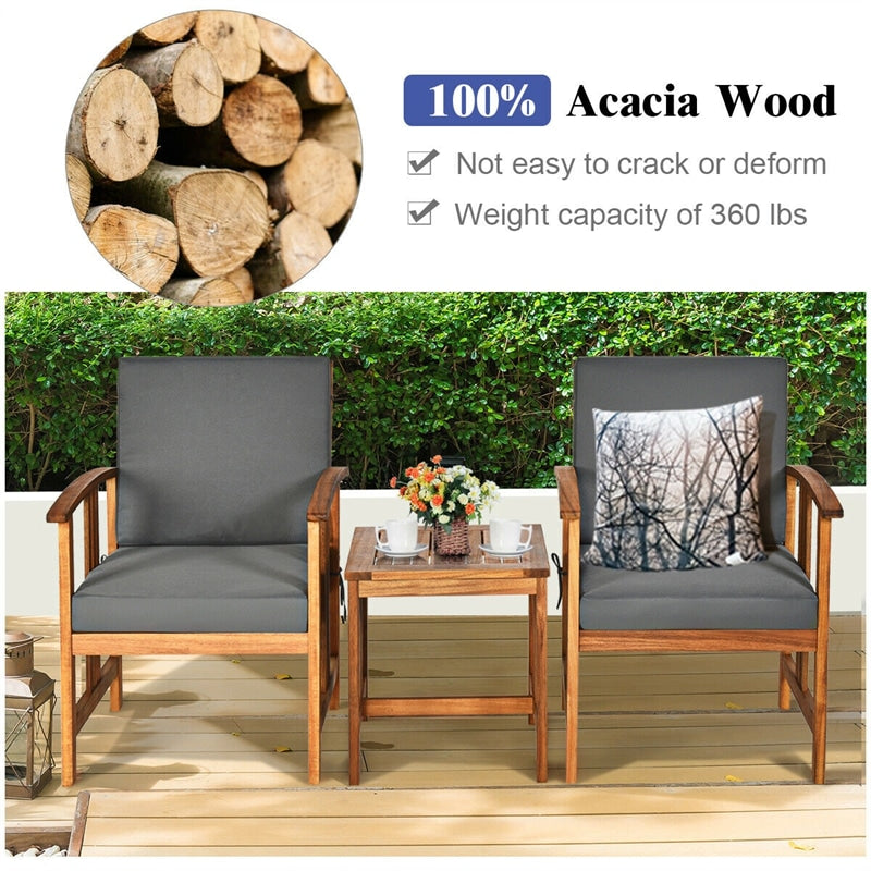 3 Piece Acacia Wood Patio Furniture Set with Cushioned Chairs & Coffee Table, Solid Wood Outdoor Bistro Set for Garden Backyard Deck