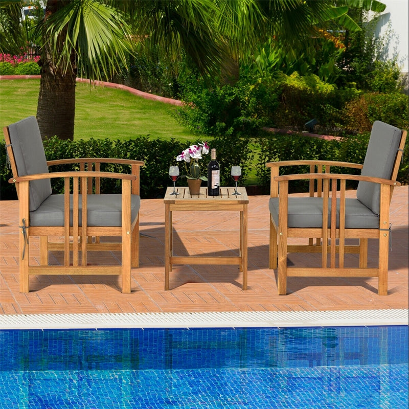 3 Piece Acacia Wood Patio Furniture Set with Cushioned Chairs & Coffee Table, Solid Wood Outdoor Bistro Set for Garden Backyard Deck