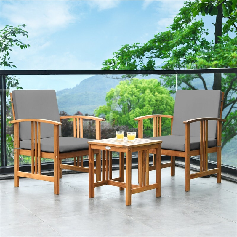 3 Piece Acacia Wood Patio Furniture Set with Cushioned Chairs & Coffee Table, Solid Wood Outdoor Bistro Set for Garden Backyard Deck