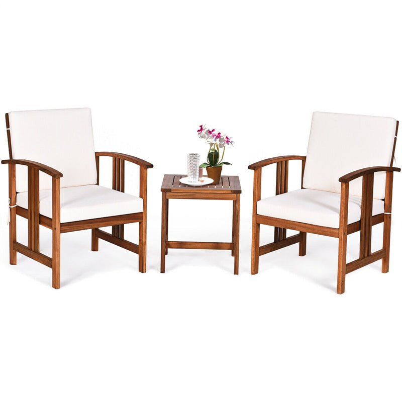 3 Piece Acacia Wood Patio Furniture Set with Cushioned Chairs & Coffee Table, Solid Wood Outdoor Bistro Set for Garden Backyard Deck