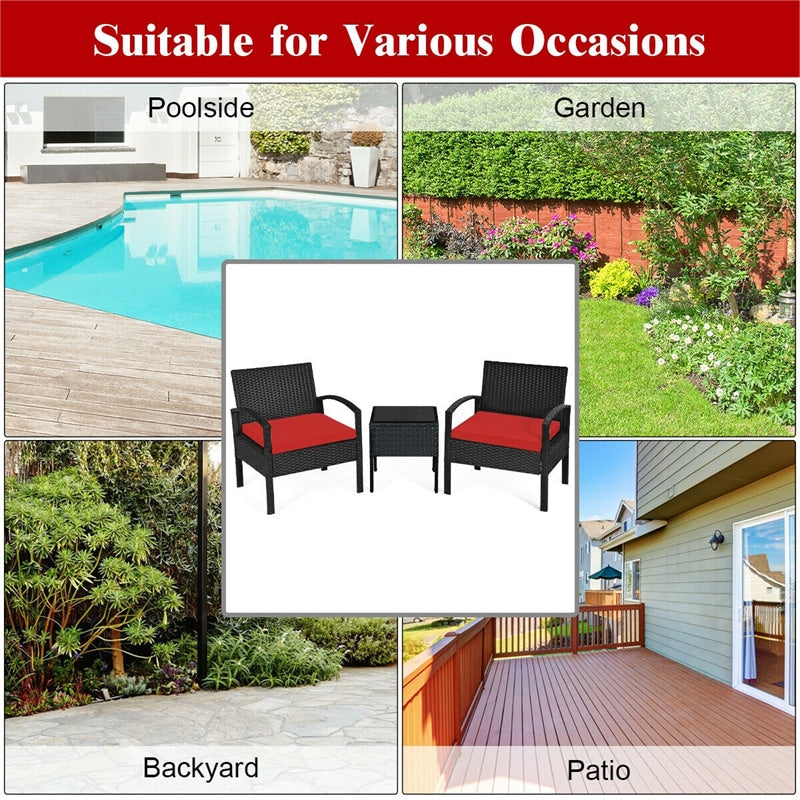 3-Piece Rattan Patio Conversation Set Wicker Bistro Furniture Set Cushioned Sofa Deck