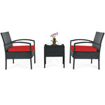 3-Piece Rattan Patio Conversation Set Wicker Bistro Furniture Set Cushioned Sofa Deck