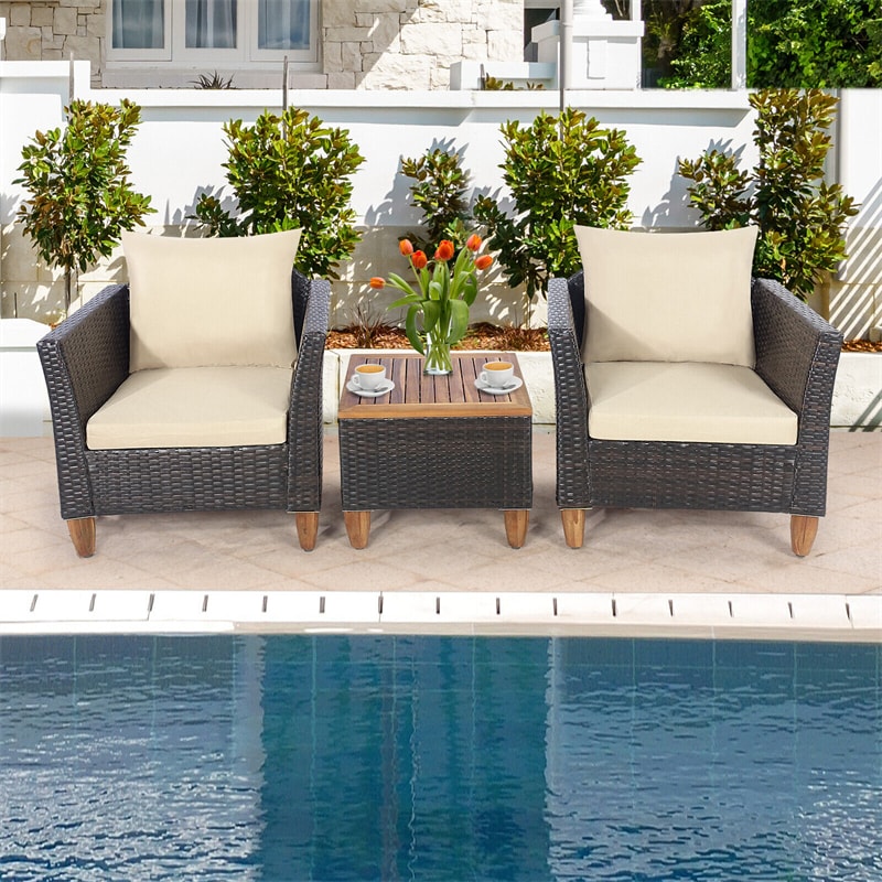 3-Piece Rattan Bistro Sofa Set Wicker Patio Furniture Set with Cushions & Side Table