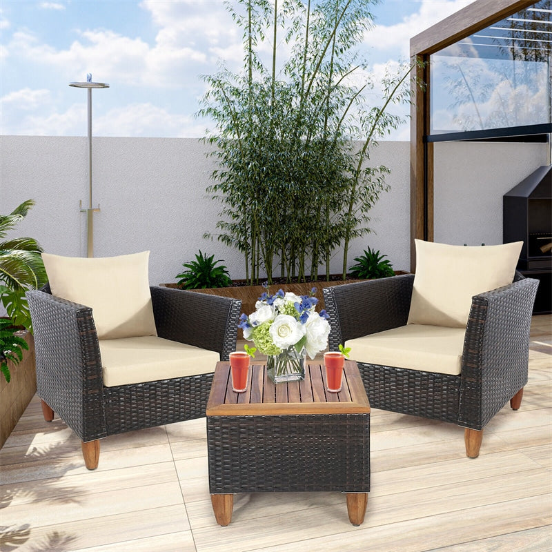 3-Piece Rattan Bistro Sofa Set Wicker Patio Furniture Set with Cushions & Side Table