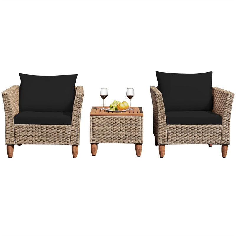 3-Piece Rattan Bistro Sofa Set Wicker Patio Furniture Set with Cushions & Side Table