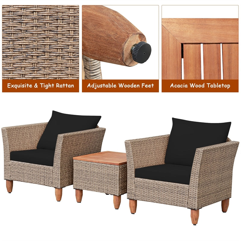 3-Piece Rattan Bistro Sofa Set Wicker Patio Furniture Set with Cushions & Side Table