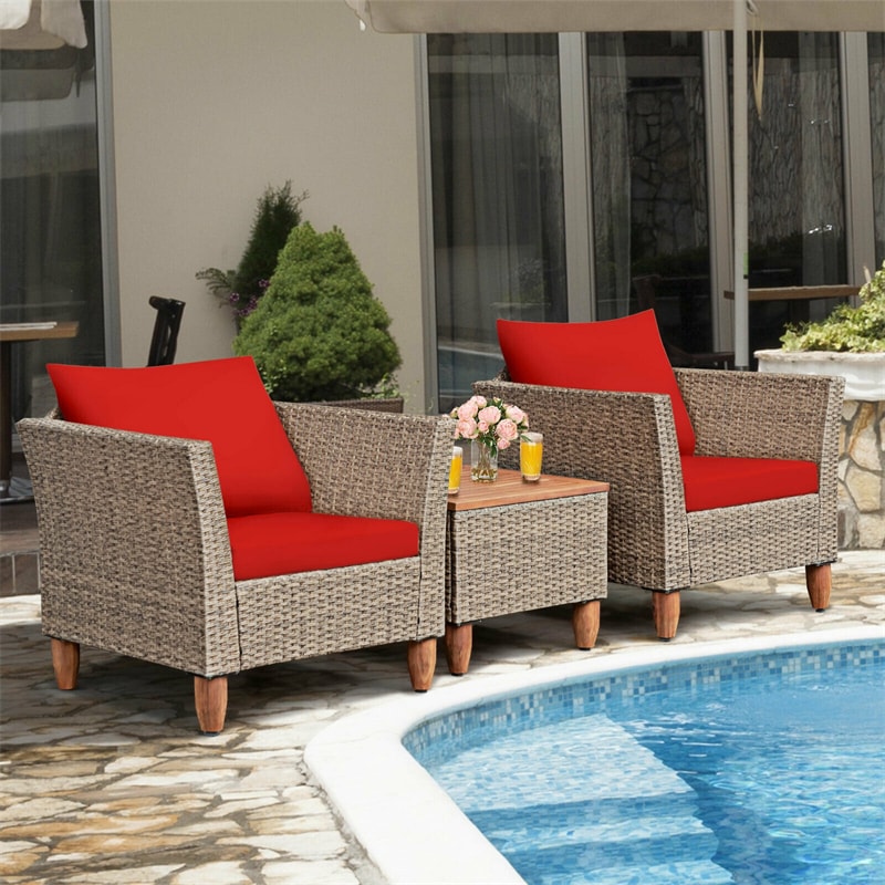 3-Piece Rattan Bistro Sofa Set Wicker Patio Furniture Set with Cushions & Side Table