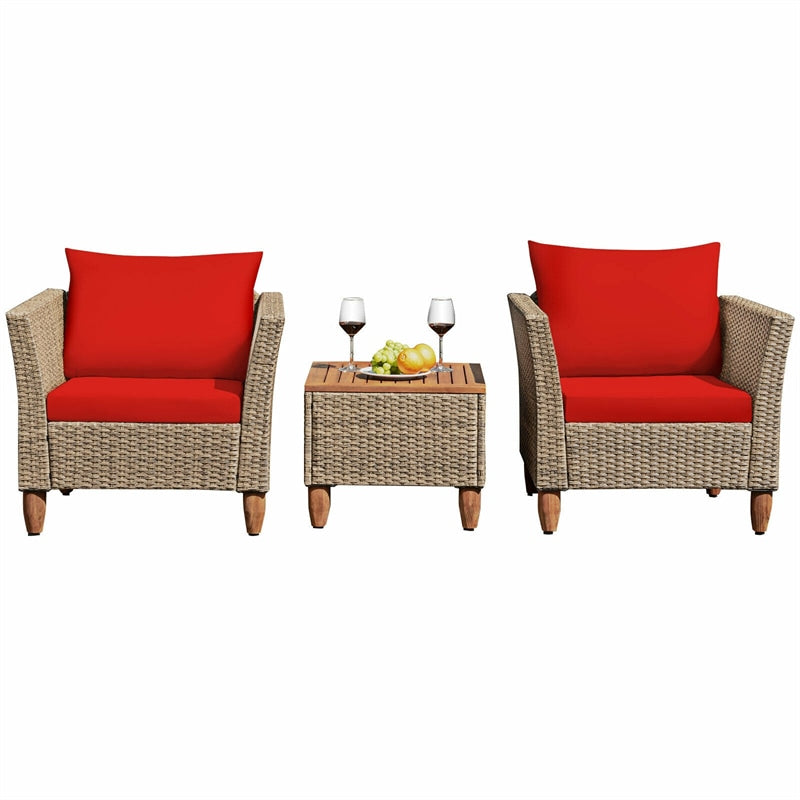 3-Piece Rattan Bistro Sofa Set Wicker Patio Furniture Set with Cushions & Side Table