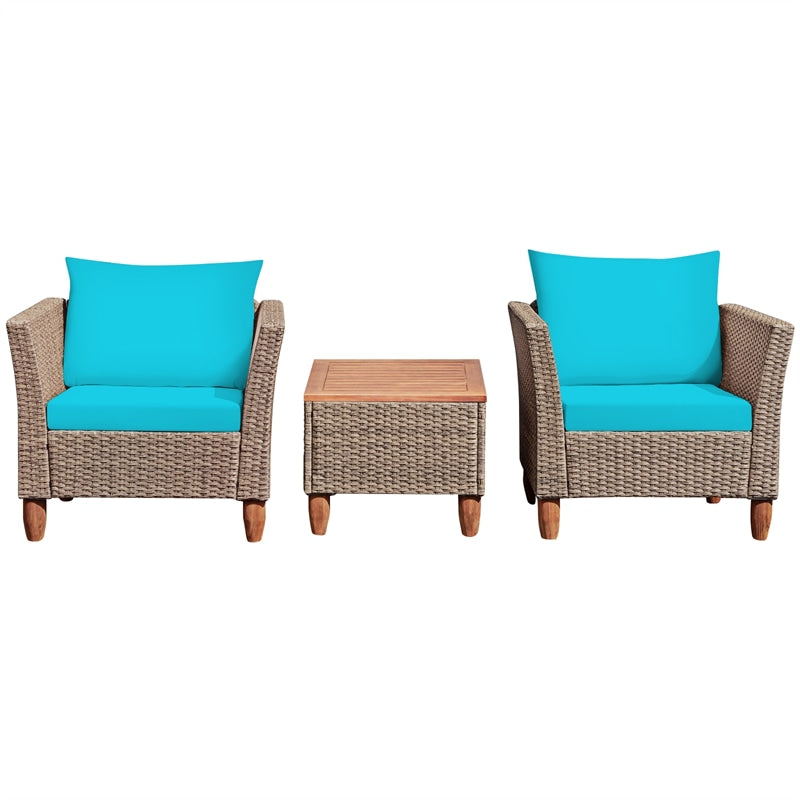 3-Piece Rattan Bistro Sofa Set Wicker Patio Furniture Set with Cushions & Side Table