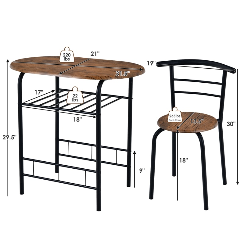 3-Piece Small Dining Table Chair Set Space-Saving Bistro Set with Shelf Storage & Metal Frame