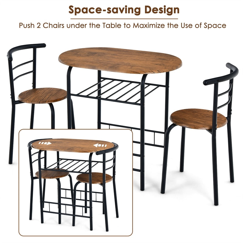 3-Piece Small Dining Table Chair Set Space-Saving Bistro Set with Shelf Storage & Metal Frame