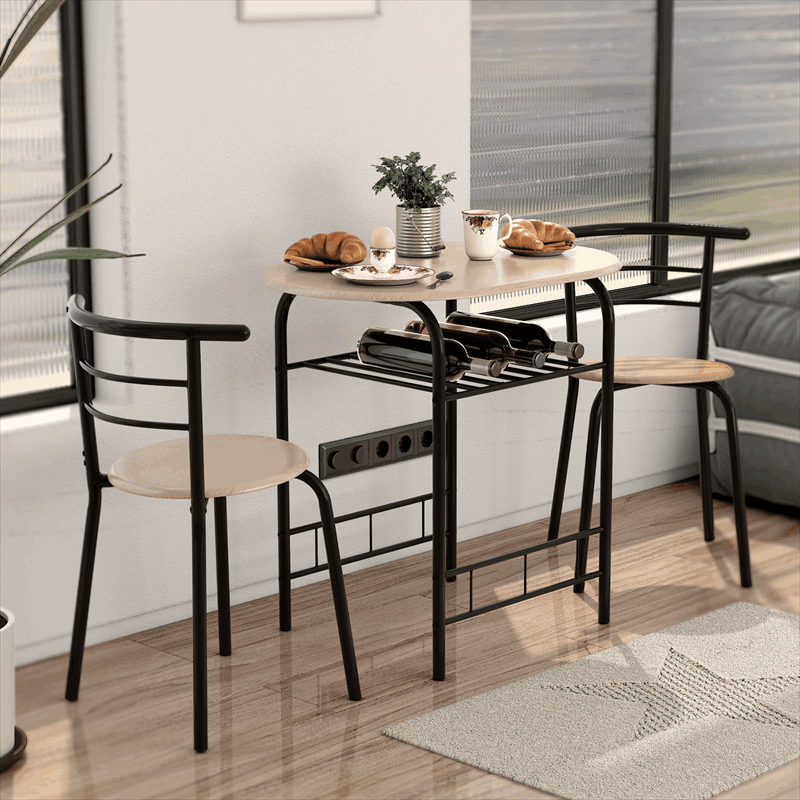 3-Piece Small Dining Table Chair Set Space-Saving Bistro Set with Shelf Storage & Metal Frame