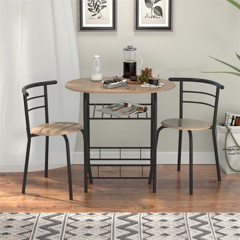 3-Piece Small Dining Table Chair Set Space-Saving Bistro Set with Shelf Storage & Metal Frame