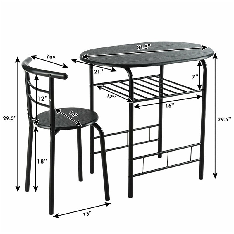 3-Piece Small Dining Table Chair Set Space-Saving Bistro Set with Shelf Storage & Metal Frame