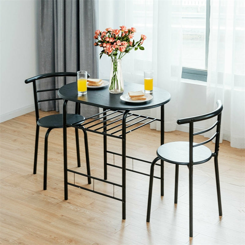 3-Piece Small Dining Table Chair Set Space-Saving Bistro Set with Shelf Storage & Metal Frame