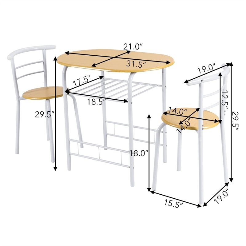 3-Piece Small Dining Table Chair Set Space-Saving Bistro Set with Shelf Storage & Metal Frame