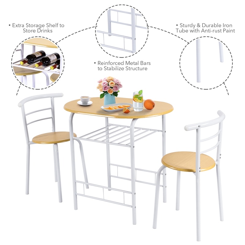 3-Piece Small Dining Table Chair Set Space-Saving Bistro Set with Shelf Storage & Metal Frame