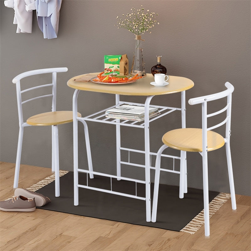 3-Piece Small Dining Table Chair Set Space-Saving Bistro Set with Shelf Storage & Metal Frame