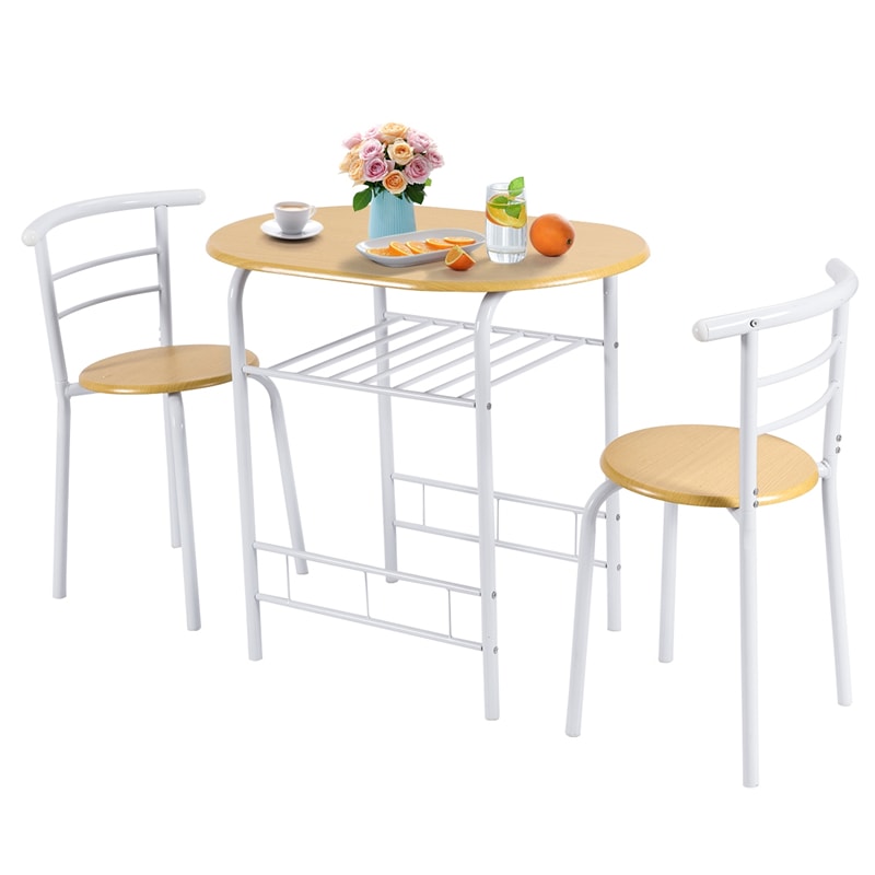 3-Piece Small Dining Table Chair Set Space-Saving Bistro Set with Shelf Storage & Metal Frame