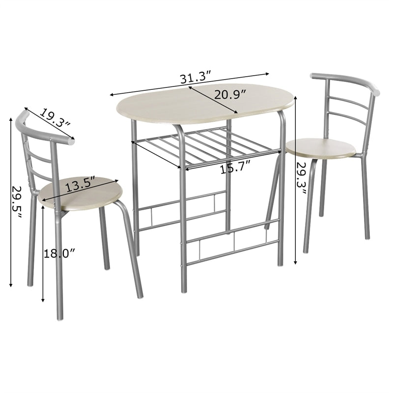 3-Piece Small Dining Table Chair Set Space-Saving Bistro Set with Shelf Storage & Metal Frame