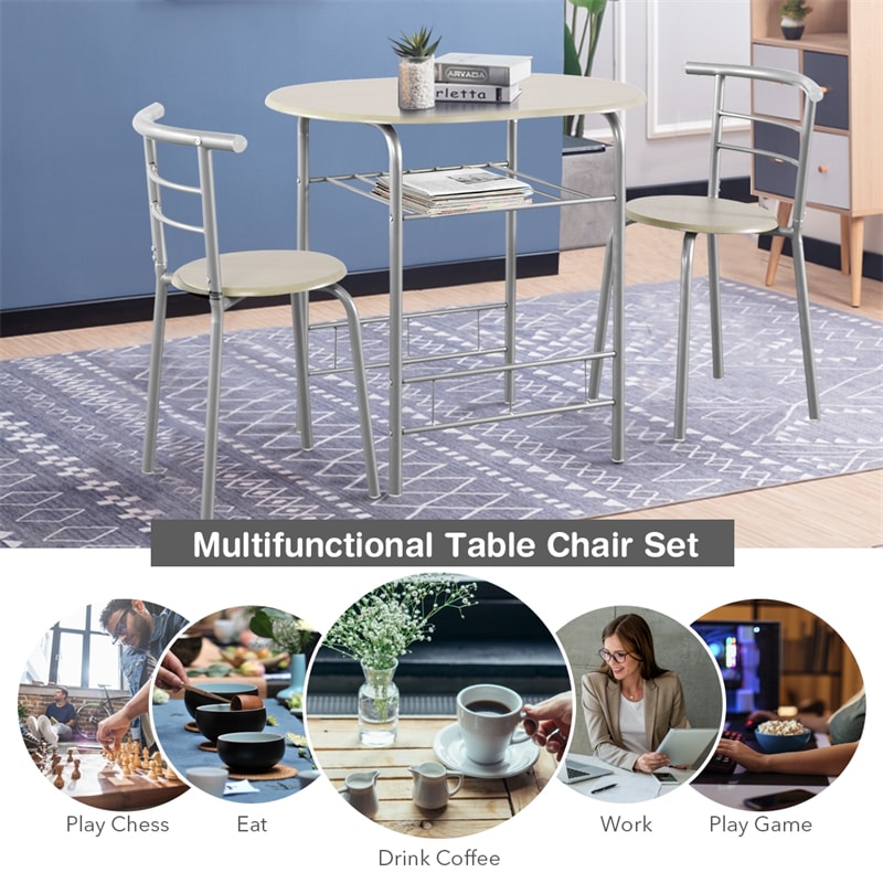 3-Piece Small Dining Table Chair Set Space-Saving Bistro Set with Shelf Storage & Metal Frame