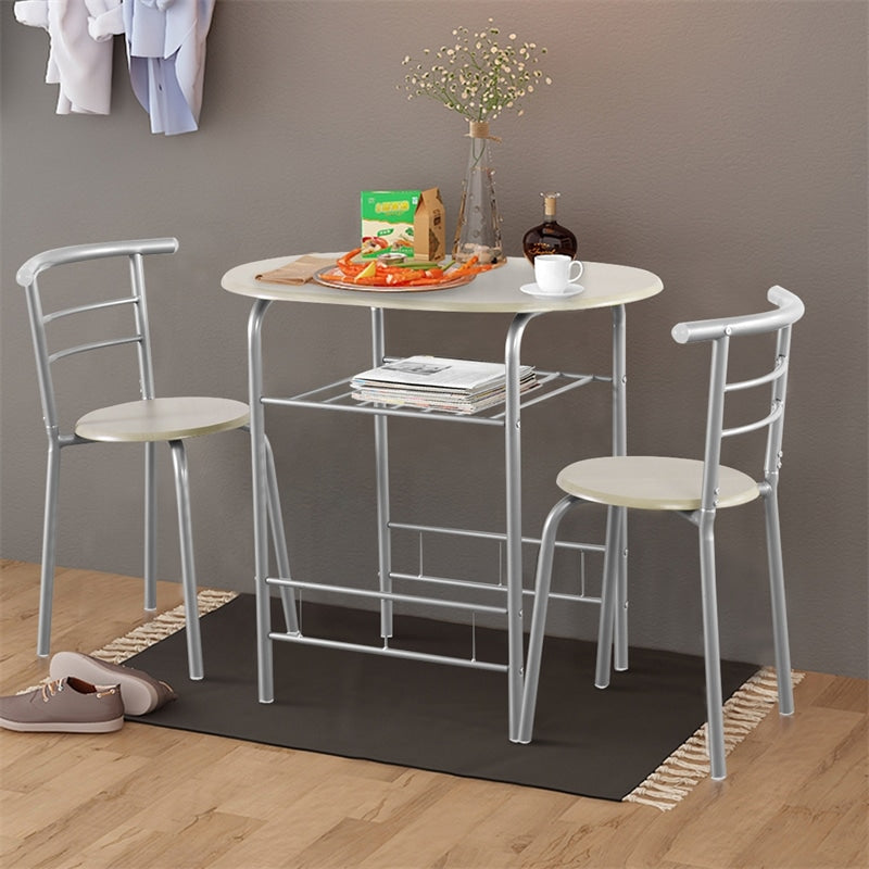 3-Piece Small Dining Table Chair Set Space-Saving Bistro Set with Shelf Storage & Metal Frame