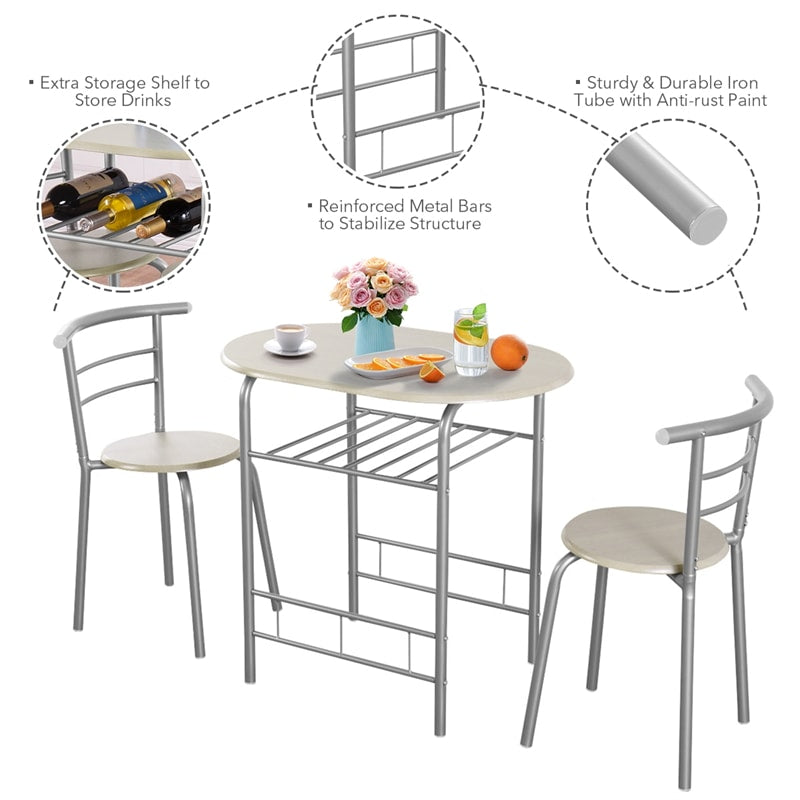 3-Piece Small Dining Table Chair Set Space-Saving Bistro Set with Shelf Storage & Metal Frame