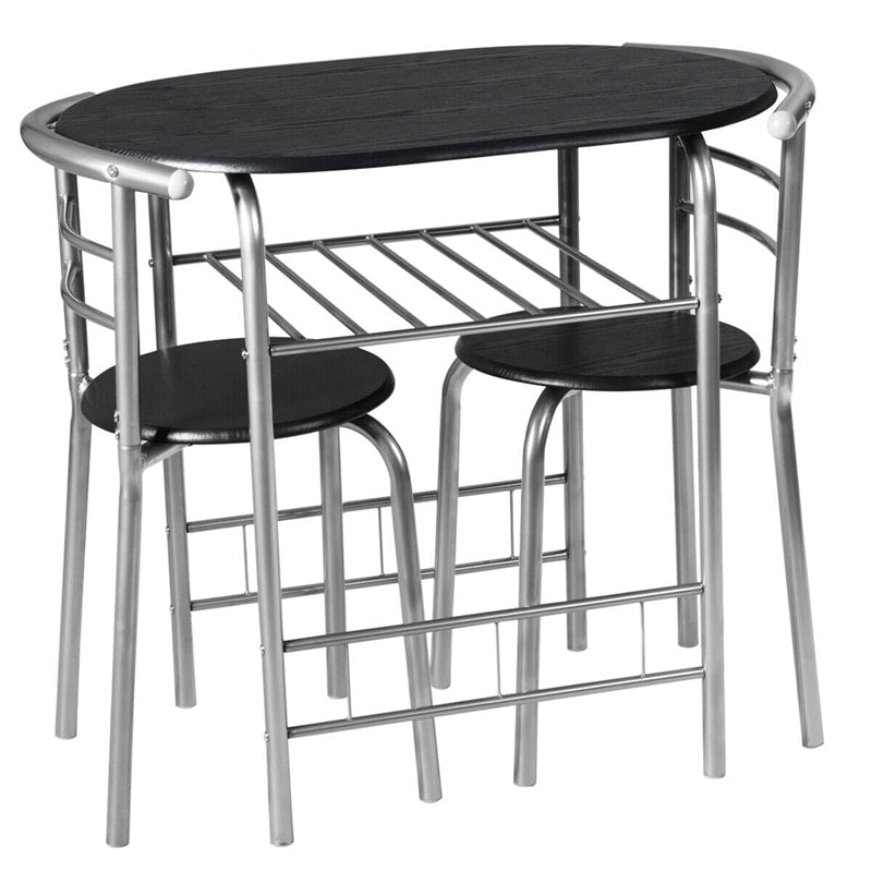 3-Piece Small Dining Table Chair Set Space-Saving Bistro Set with Shelf Storage & Metal Frame