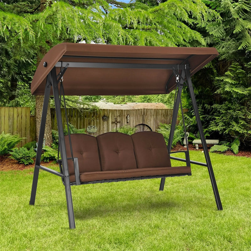 3-Seat Porch Swing Chair All Weather Outdoor Swing Hammock Chair with Adjustable Canopy & Removable Cushions