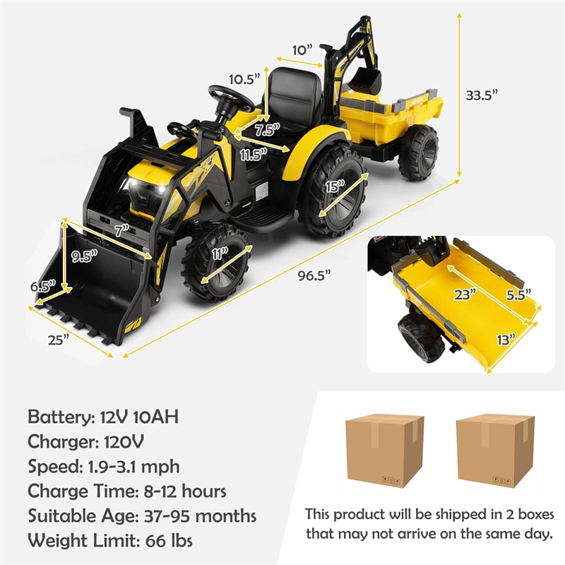 3-in-1 Kids Ride on Tractor Excavator Bulldozer 12V Battery Powered Construction Vehicle with Trailer Digger Shovel Bucket & Remote Control