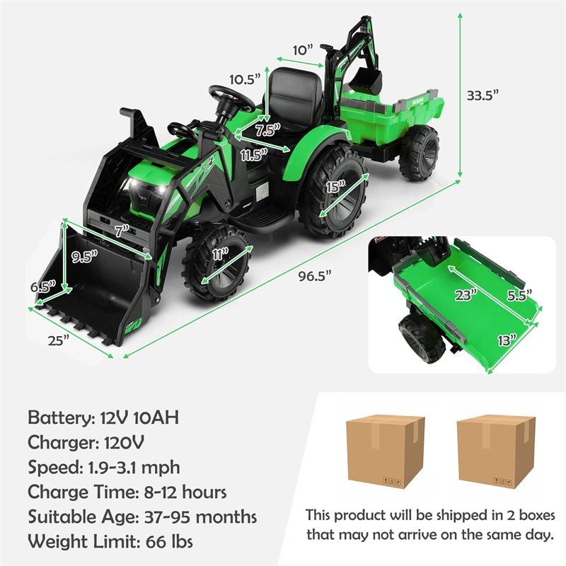 3-in-1 Kids Ride on Tractor Excavator Bulldozer 12V Battery Powered Construction Vehicle with Trailer Digger Shovel Bucket & Remote Control