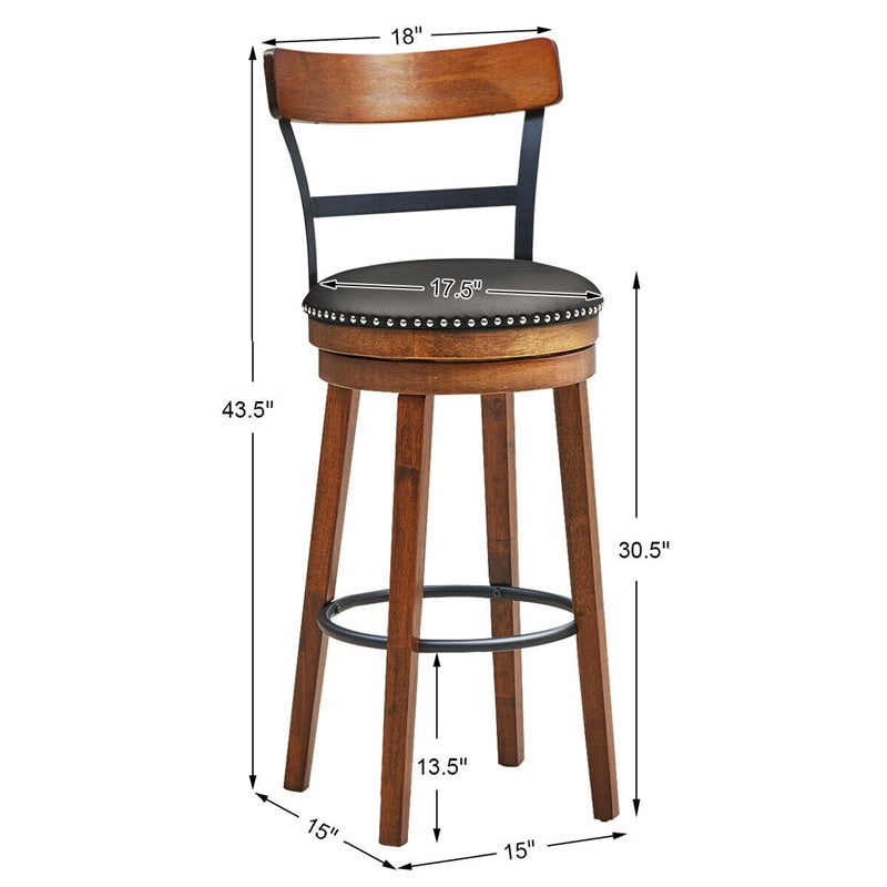 30.5" Swivel Bar Stools Set of 2 Bar Height Dining Chairs with Leather Padded Seats & Ergonomic Backrests