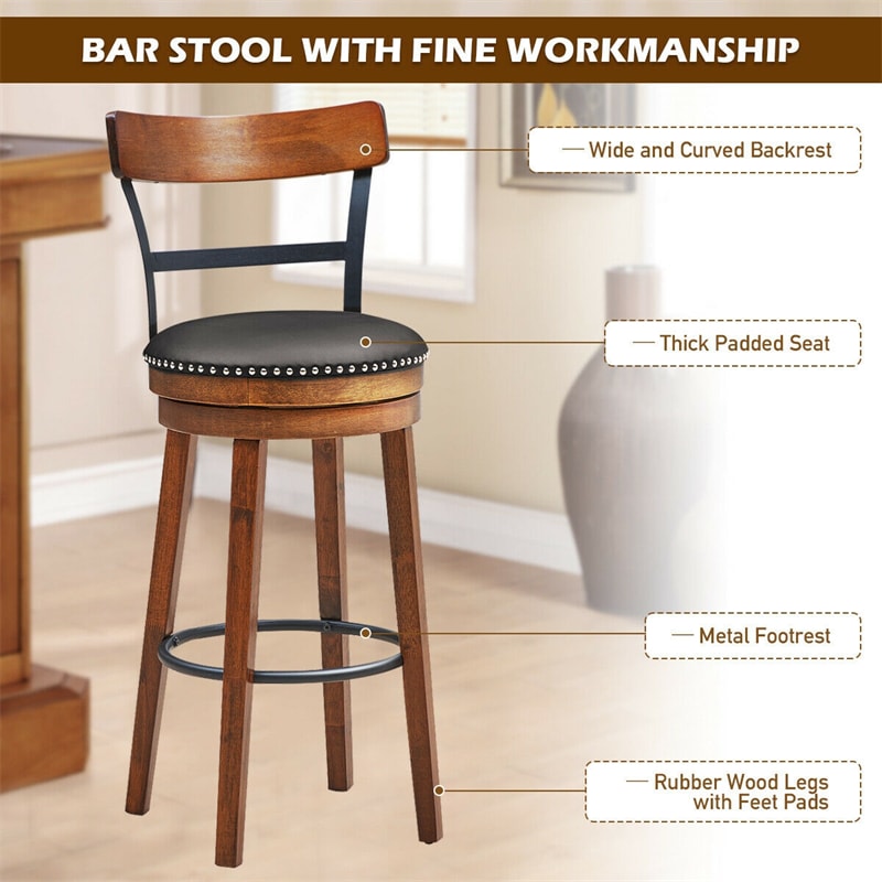 30.5" Swivel Bar Stools Set of 2 Bar Height Dining Chairs with Leather Padded Seats & Ergonomic Backrests