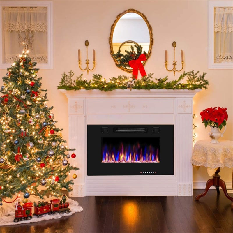 30" Recessed Electric Fireplace Ultra Thin Wall Mounted Fireplace Heater 750W/1500W with Multicolor Flame, Remote Control, Touch Screen