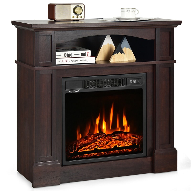 32" Electric Fireplace with Mantel 1400W Freestanding Fireplace Heater with Bookshelves & Remote Control