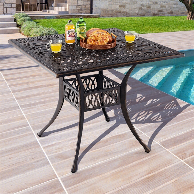 35.4" Square Patio Dining Table All Weather Cast Aluminum Outdoor Table with Umbrella Hole & Adjustable Footpads for Garden Backyard