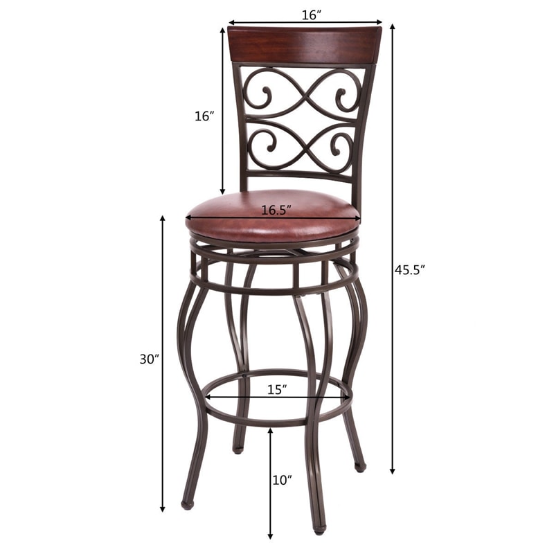 360° Swivel Bar Stools Set of 2, 30" Bar Height Barstools Leather Padded Seat Bistro Dining Kitchen Pub Metal Chairs with High Back