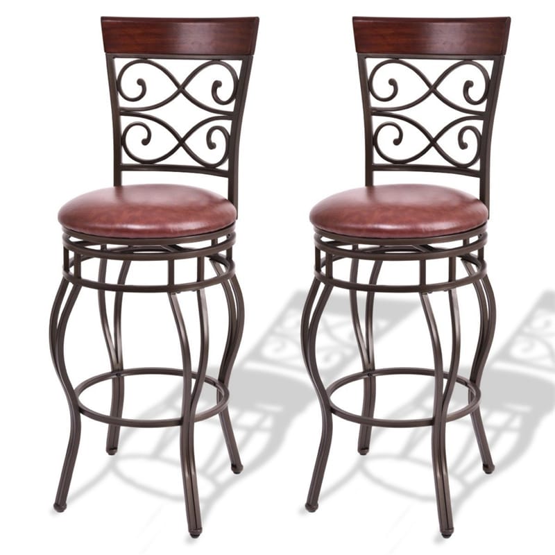 360° Swivel Bar Stools Set of 2, 30" Bar Height Barstools Leather Padded Seat Bistro Dining Kitchen Pub Metal Chairs with High Back