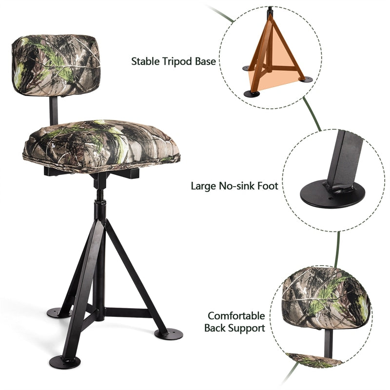 360° Swivel Hunting Blind Chair Height Adjustable Tripod Blind Stool Camo Huntsman Chair with Detachable Backrest