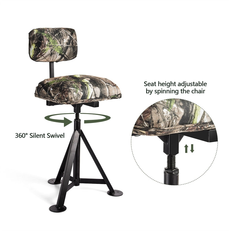 360° Swivel Hunting Blind Chair Height Adjustable Tripod Blind Stool Camo Huntsman Chair with Detachable Backrest