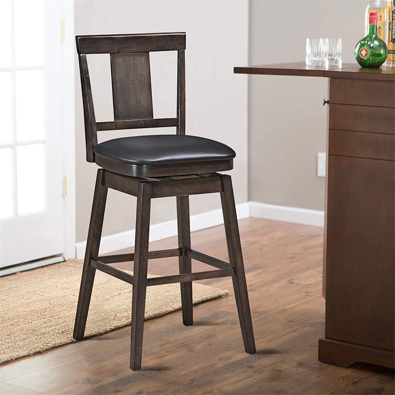 Classic Wooden Swivel Bar Stool 29" Bar Height Dining Chair with Leather Padded Seat, Single Slat Back & Rubber Wood Legs