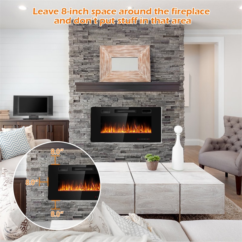 36" Recessed Electric Fireplace Ultra Thin Wall Mounted Fireplace with Touch Screen