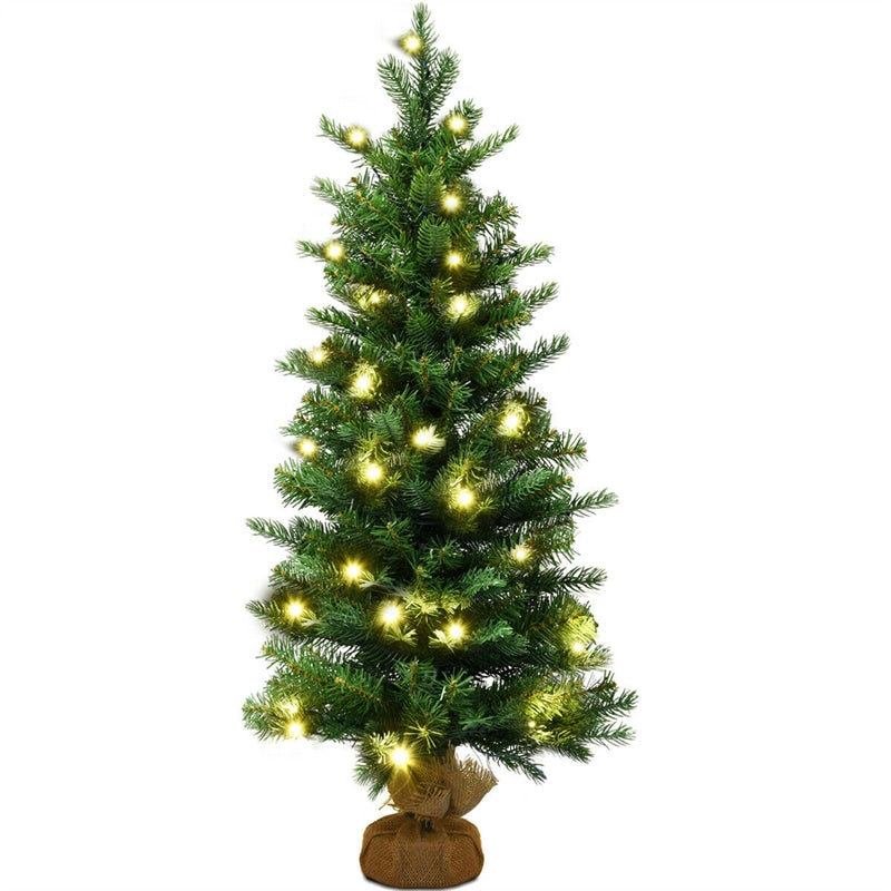 3FT Pre-Lit Mini Christmas Tree, Tabletop Fir Xmas Tree with 50 Warm White LED Lights, 363 Branch Tips, Timer & Burlap Base for Holiday Decor