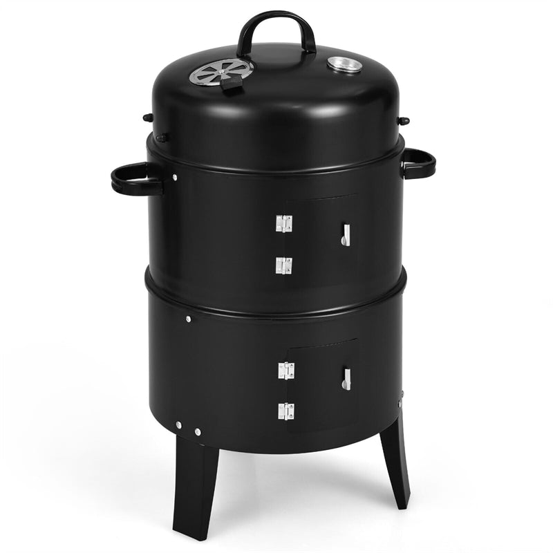 3 In 1 Portable Round Charcoal Smoker 2-Layer Outdoor BBQ Smoker Grill Built-in Thermometer