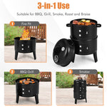 3 In 1 Portable Round Charcoal Smoker 2-Layer Outdoor BBQ Smoker Grill Built-in Thermometer