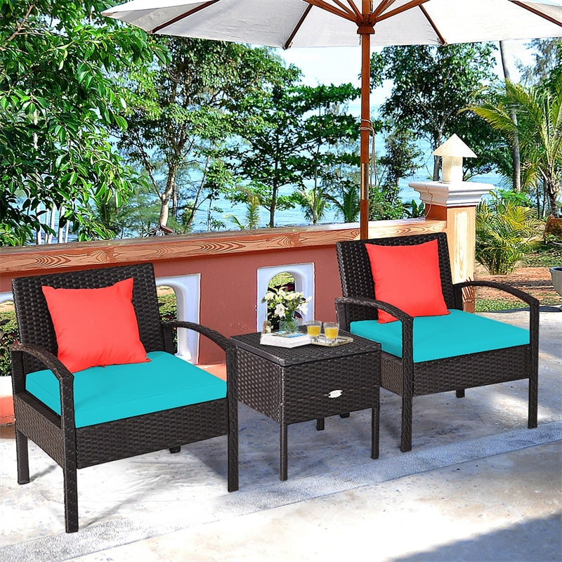 3PCS Rattan Patio Furniture Set Outdoor Bistro Set with Cushions & Storage Table, Wicker Sofa Chair Conversation Set for Balcony Porch